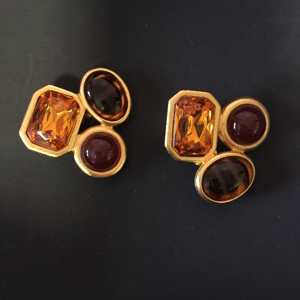 clip on Earrings gold tone with stones -amber tones.